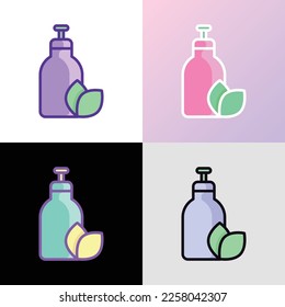 Icono de línea delgada de cosméticos orgánicos: frasco de vidrio con dosificador y signo de hoja. Cuidado de la piel natural. Ilustración vectorial moderna para un taller de belleza.
