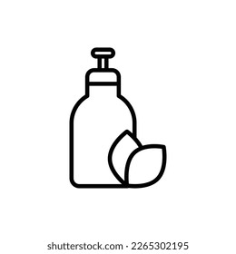 Organic cosmetics thin line icon: glass bottle with dispenser and leaf sign. Natural skin care. Modern vector illustration for beauty shop.