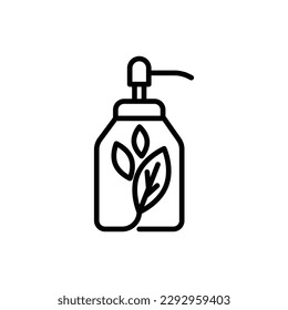 Organic cosmetics thin line icon: glass bottle with dispenser and leaf sign. Modern vector illustration for beauty shop. - Shutterstock ID 2292959403
