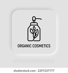 Organic cosmetics thin line icon: glass bottle with dispenser and leaf sign. Modern vector illustration for beauty shop.