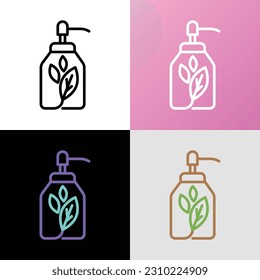Icono de línea delgada de cosméticos orgánicos: frasco de vidrio con dosificador y signo de hoja. Ilustración vectorial moderna para un taller de belleza.