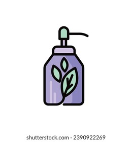 Organic cosmetics thin line icon: glass bottle with dispenser and leaf sign. Modern vector illustration for beauty shop.