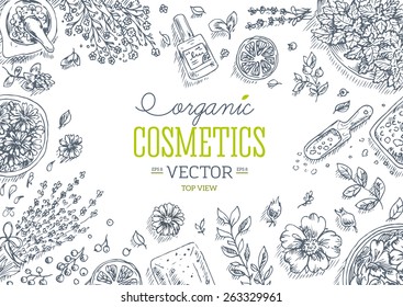 Organic Cosmetics top view frame. Natural cosmetics background. Vector illustration