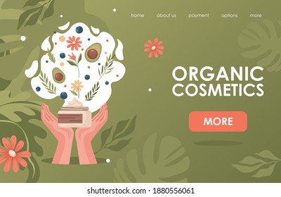 Organische Kosmetik Vektor flache Landing Page Vorlage mit Textraum. Hände, die Sahne mit natürlichen Kräutern und Beeren, Avocado, Bio-Zutaten halten. Schönheitsprodukte für Spa-Salons.