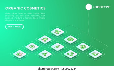 Organic cosmetics web page template with thin line isometric icons. Cruelty free, 0% alcohol, natural ingredients, paraben free, eco friendly, no mineral oil, non GMO. Modern vector illustration.