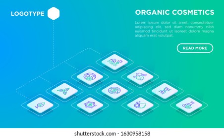 Organic cosmetics web page template with thin line isometric icons. Cruelty free, 0% alcohol, natural ingredients, paraben free, eco friendly, no mineral oil, non GMO. Modern vector illustration.