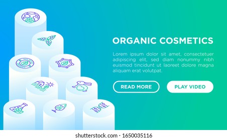 Organic cosmetics web page template with thin line isometric icons. Cruelty free, 0% alcohol, natural ingredients, paraben free, eco friendly, no mineral oil, non GMO. Modern vector illustration.