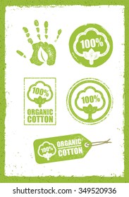 Organic Cotton Creative Concept On Grunge Rust Background. Eco Green Set Of Vector Icons.