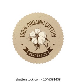 Organic cotton emblem in eco style with hand sketched cotton plant