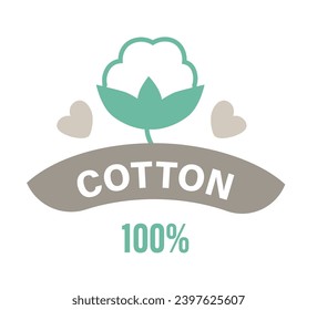 Organic cotton fibers. Plant with leaves and soft fluffy ball flora. Textiles and products eco friendly and safety for skin. Promotional banner or logo, package sticker. Vector in flat style