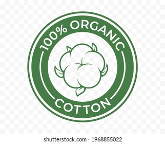 Organic cotton icon, 100 natural bio and eco product vector logo. 100 percent organic cotton tag for textile clothes, green vegan cosmetics and sanitary pads or cosmetic ingredients