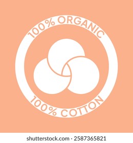 Organic cotton icon, 100 natural bio and eco product vector logo. 100 percent organic cotton tag for textile clothes, colorvegan cosmetics and sanitary pads or cosmetic ingredients