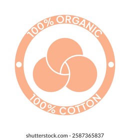 Organic cotton icon, 100 natural bio and eco product vector logo. 100 percent organic cotton tag for textile clothes, colorvegan cosmetics and sanitary pads or cosmetic ingredients