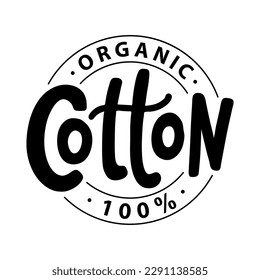 ORGANIC COTTON icon. Vector logo Natural Organic Cotton stamp. Text badge for clothes and other organic textiles. Doodle label cotton ball Vector illustration
