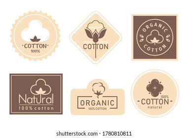 Organic cotton label vector illustration set. Mark logo icons collection with cottonseed branch plant symbol emblem, natural bio organic product, fabric quality fiber for knitting and textile industry