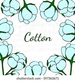 Organic cotton shop, bud, leaf, flower hand drawn template, background in sketch style. For packaging cosmetic, label, banner, poster, wallpaper, wrapping. 