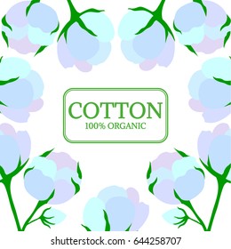 Organic cotton shop, bud, leaf, flower hand drawn template, background in sketch style. Square banner in color. For packaging cosmetic, label, banner, poster, wallpaper, wrapping. 