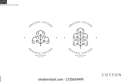 Organic cotton vintage style. Logo template outline style. Isolated cotton on white background. 