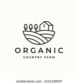 Organic country farm logo. Farmhouse icon. Hillside farmstead sign. Vineyard fields landscape and house symbol. Vector illustration.