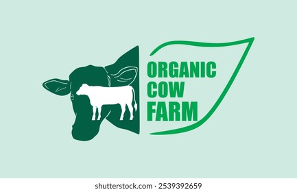 ORGANIC COW FARM LOGO, silhouette of great cattle standing and leaf vector illustrations
