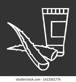 Organic cream chalk white icon on black background. Plant based lotion. Gel with aloe vera extract. Organic shampoo. Product with medicinal herbs. Dermatology. Isolated vector chalkboard illustration