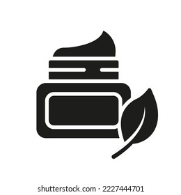 Organic Cream in Jar and Leaf Silhouette Icon. Natural Moisturizer Cosmetic in Plastic Container Black Pictogram. Beauty Nature Product for Skin Icon. Isolated Vector Illustration.