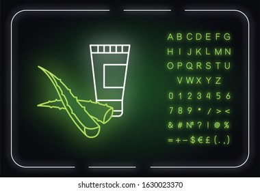 Organic cream neon light icon. Plant based lotion. Gel with aloe vera extract. Organic shampoo. Outer glowing effect. Sign with alphabet, numbers and symbols. Vector isolated RGB color illustration