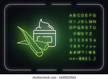 Organic cream neon light icon. Aloe vera. Lotion with medicinal herbs. Beauty and dermatology. Outer glowing effect. Sign with alphabet, numbers and symbols. Vector isolated RGB color illustration