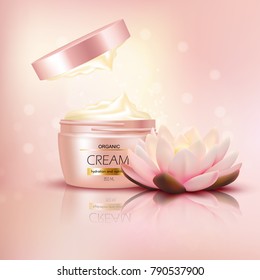 Organic cream with open cap and lotus flower on textured light pink glowing background 3d vector illustration