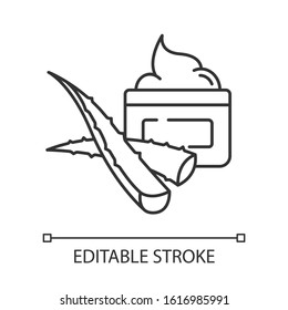 Organic cream pixel perfect linear icon. Aloe vera cosmetics. Lotion with medicinal herbs. Thin line customizable illustration. Contour symbol. Vector isolated outline drawing. Editable stroke