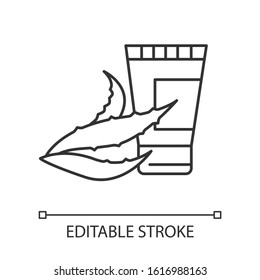 Organic cream pixel perfect linear icon. Gel with aloe vera extract. Natural cosmetic product. Thin line customizable illustration. Contour symbol. Vector isolated outline drawing. Editable stroke