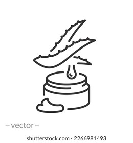 crema orgánica para ícono de piel, gel con extracto de aloe vera, producto cosmético de frasco o recipiente, símbolo de línea sobre fondo blanco - ilustración del vector de trazo editable eps10