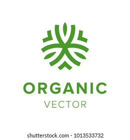 Organic creative label. Eco friendly products logo design. Template green abstract icon isolated. Natural farming business emblem vector illustration.