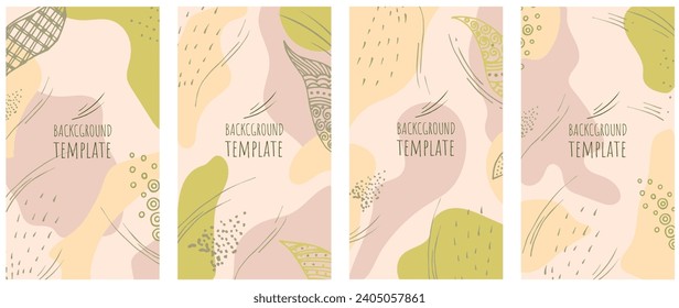 Organic creative template border. Natural floral green minimal background with organic shapes and abstract leaves and lines