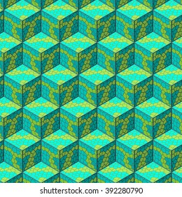 Organic cube isometric seamless pattern. Vector illustration.