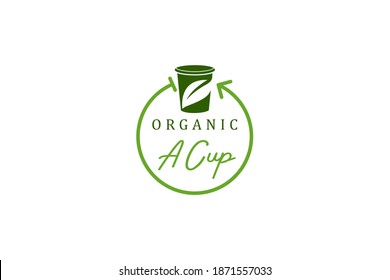 Organic cup logo design, environmentally friendly warehouse, green leaf nature, icon symbol modern minimalist.