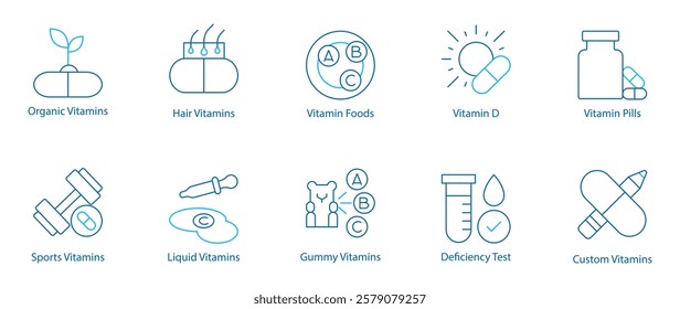 Organic and Custom Vitamin Vector Icon Set – Organic Vitamins, Hair Care, Nutrient-Rich Foods, Vitamin D, Pills, Sports and Liquid Supplements, Gummy Vitamins, Deficiency Test, Custom Formulas