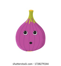 Organic cute fig fruit character in modern flat style. Healthy isolated exotic purple food. Vitamin juicy emoji face kid. Vector Illustration. Face With Rolling Eyes