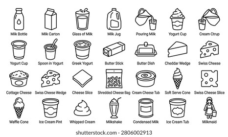 Organic dairy food collection featuring linear vector illustrations of fresh milk containers various cheese types including swiss and cheddar yogurt packaging butter sticks frozen ice cream desserts milkshake drinks and traditional milkmaid character for product branding.