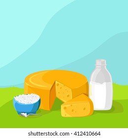 organic dairy products on the delicate background. Cheese, milk, cottage cheese.