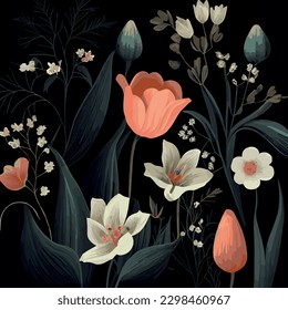 Organic dark floral texture pattern background - Vector illustration