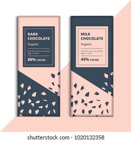 Organic dark and milk chocolate bar design. Creative abstract choco packaging vector mockup. Trendy luxury product branding template with label and pattern.