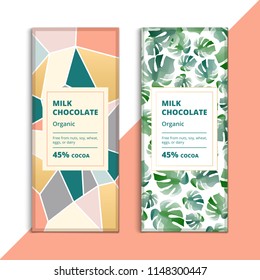 Organic dark and milk chocolate bar design. Creative abstract choco packaging vector mockup. Trendy luxury product branding template with label and pattern.