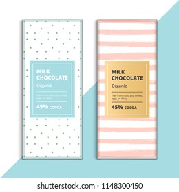 Organic dark and milk chocolate bar design. Creative abstract choco packaging vector mockup. Trendy luxury product branding template with label and pattern.