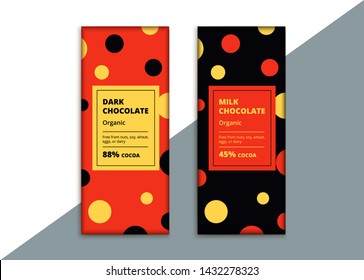 Organic dark and milk chocolate bar design. Creative abstract choco packaging vector mockup. Trendy luxury product branding template with label and pattern.