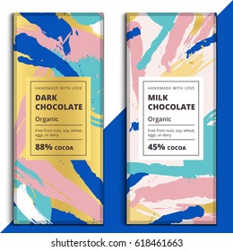 Organic dark and milk chocolate bar design. Luxury abstract choco packaging vector mockup. Trendy creative product branding template with label and pattern.