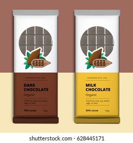 Organic dark and milk chocolate bar design. Choco packaging vector mockup. Trendy luxury product branding template with label and geometric pattern.