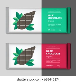 Organic dark and milk chocolate bar design. Choco packaging vector mockup. Trendy luxury product branding template with label and geometric pattern.