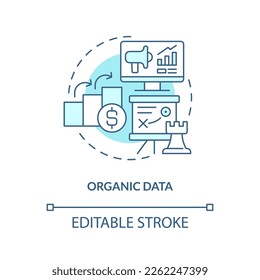 Organic data turquoise concept icon. Promotion strategy. Social media advertising tip abstract idea thin line illustration. Isolated outline drawing. Editable stroke. Arial, Myriad Pro-Bold fonts used