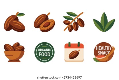Organic dates badge set, whole and sliced fruit, sprig leaves, healthy snack sticker, product packaging label, farmers market vector collection